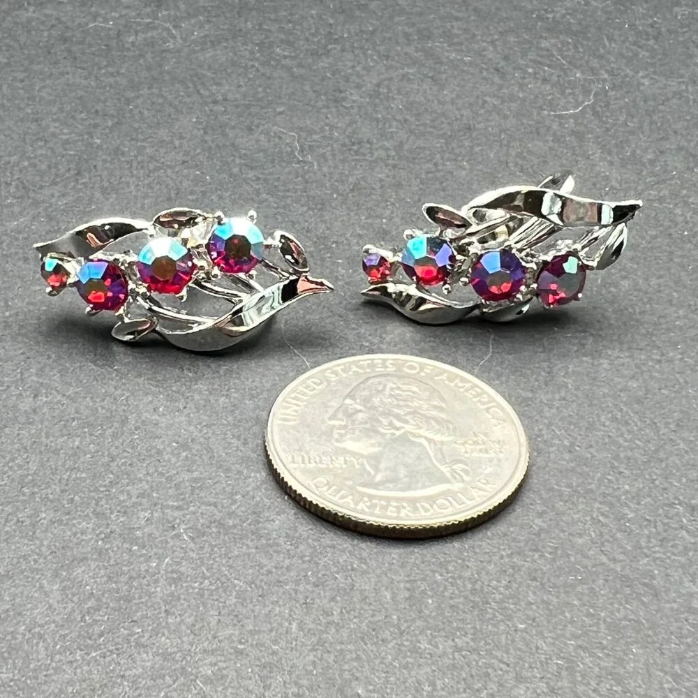 Vintage Star Screw Back Earrings‎ Purple Pink AB Rhinestone Flower Silver Tone